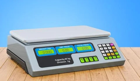 Price computing scale on the wooden table, 3D rendering Stock Illustration