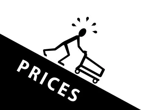 Price decrease concept, man pushing shopping cart Stock Illustration