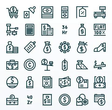 Price Digital Vector Pack containing 36 Pixel Optimized Bold Line 256x256 Ico Stock Illustration
