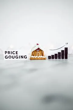 Price gouging graph with stats going up next to gingerbread house, cost of .. Stock Photos