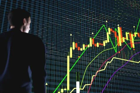 Price movement chart with indicators and volumes. The trader analyzes the p.. Stock Photos