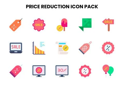 Price Reduction Flat Set Icons Pack Stock Illustration