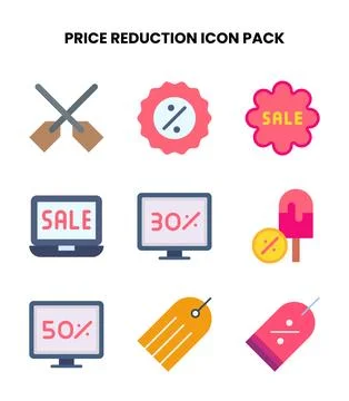 Price Reduction Flat Set Icons Pack Stock Illustration