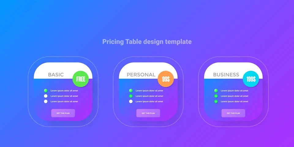 Price table concept vector design template. Pricing or subscription plan ui web Stock Illustration