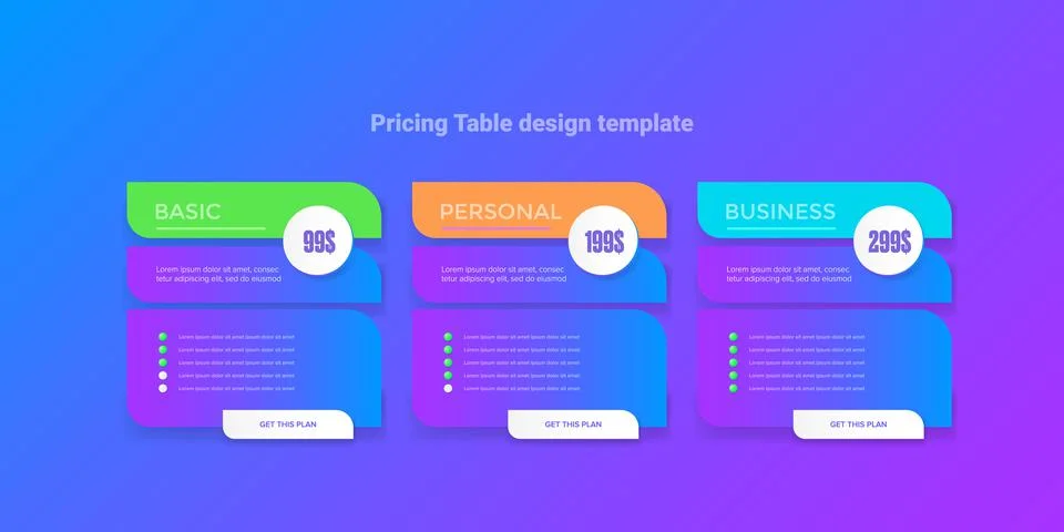 Price table concept vector design template. Pricing or subscription plan ui web Stock Illustration