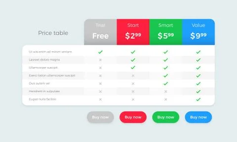 Price table plan vector web design. Product subscription price plan of Trial, Stock Illustration