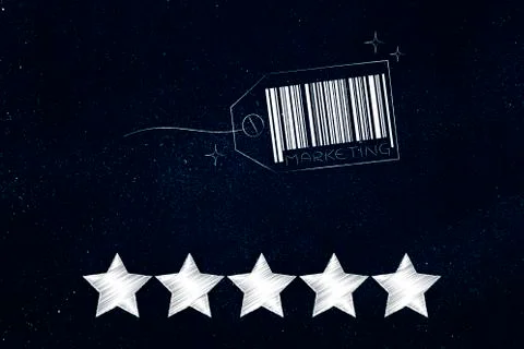 Price tag with code bar and Marketing caption with 5 star rating Stock-Illustration