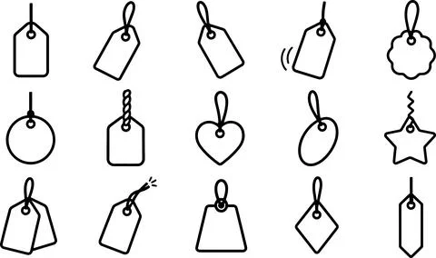 Price tag outline set featuring black hanging label shapes for retail store.. Stock Illustration