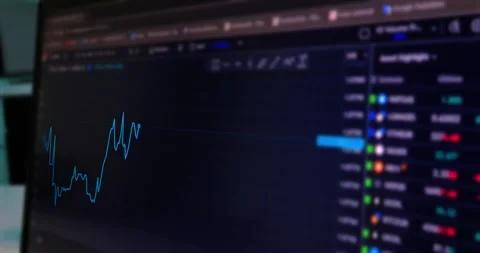 Price trading linear chart and asset symbols on notebook Stock Footage 264056970