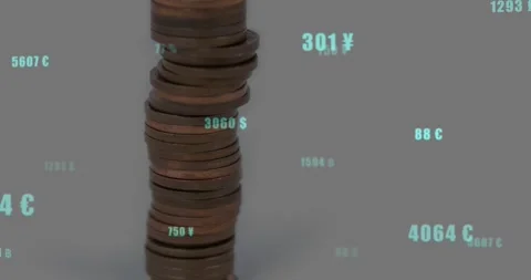 On price update copper coin stack shifting while cyan values appearing, moving, Stock Footage 328700634