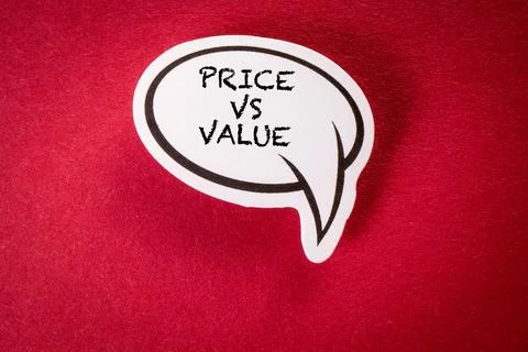 Price vs Value. White speech bubble and text on red background Stock Photos