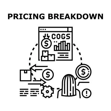 Pricing breakdown analysis calculating costs and revenues for production Stock Illustration
