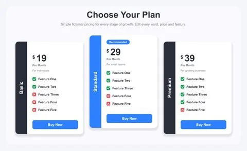Pricing Comparison Cards With Dark Sidebars and Blue Selection Buttons Stock Illustration