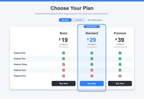 Pricing Comparison Matrix With Blue Highlighted Central Plan Stock Illustration