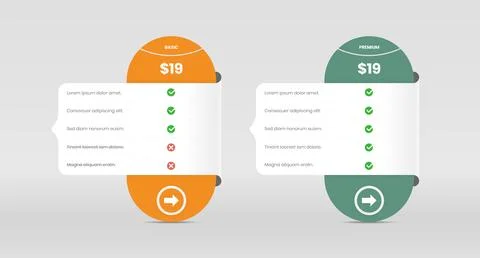Pricing comparison overview table with checkpoint and abstract curve shape Stock Illustration