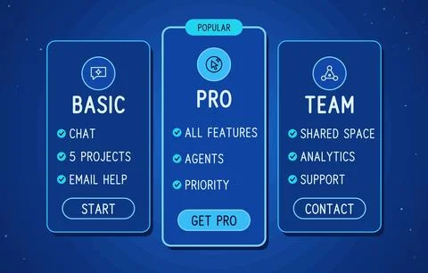 Pricing plan table UI template with basic, pro and team subscription cards, Stock Illustration