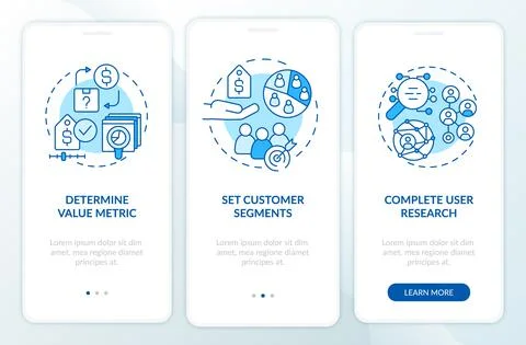 Pricing strategy development blue onboarding mobile app screen Illustrazione stock