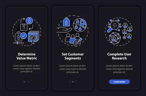 Pricing strategy development night mode onboarding mobile app screen Stock Illustration
