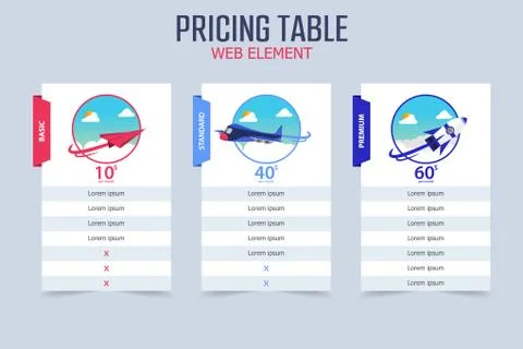 Pricing Table 3 Different Plane Vector Template Design Stock Illustration
