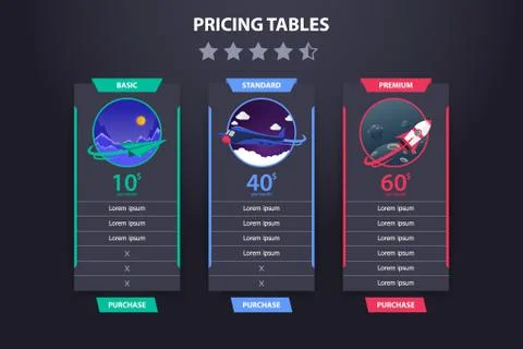 Pricing Table 3 Different Plane Vector Template Dark Concept Design Stock Illustration
