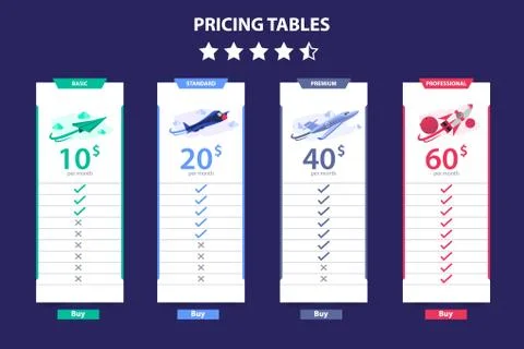 Pricing Table 4 Different Plane Vector Template Dark Concept Design Stock Illustration