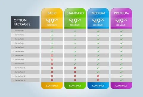 Pricing Table Design, Pricing Srvices Illustrazione stock