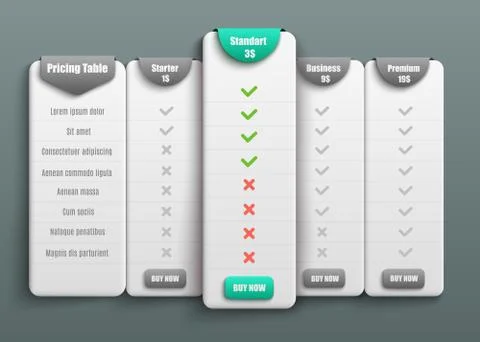 Pricing table for four products or services with description in 3d realistic Stock Illustration