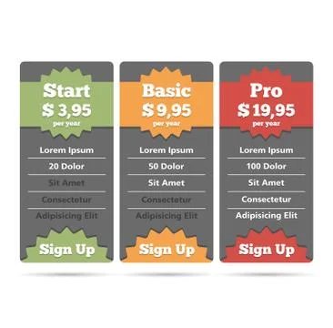 Pricing Table Illustrazione stock