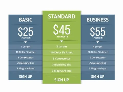 Pricing Table Illustrazione stock