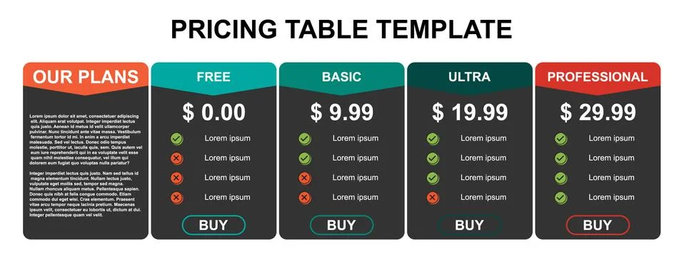 Pricing table, plan  list, or comparison template vector. Business presentati Stock Illustration