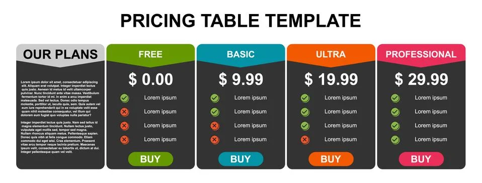 Pricing table, plan  list, or comparison template vector. Business presentati Stock Illustration