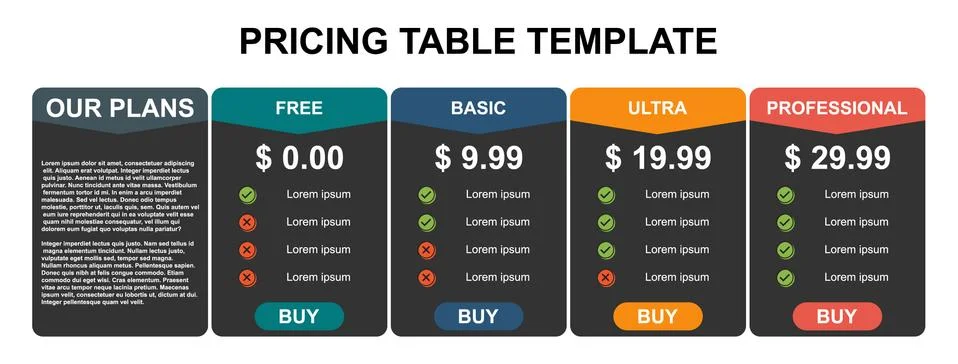 Pricing table, plan  list, or comparison template vector. Business presentati Stock Illustration