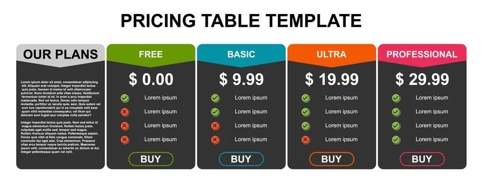 Pricing table, plan  list, or comparison template vector. Business presentati Stock Illustration