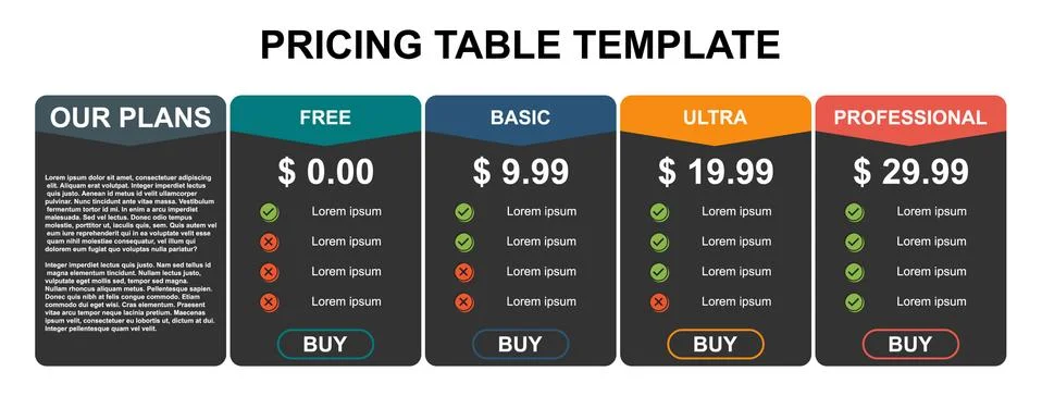 Pricing table, plan  list, or comparison template vector. Business presentati Stock Illustration
