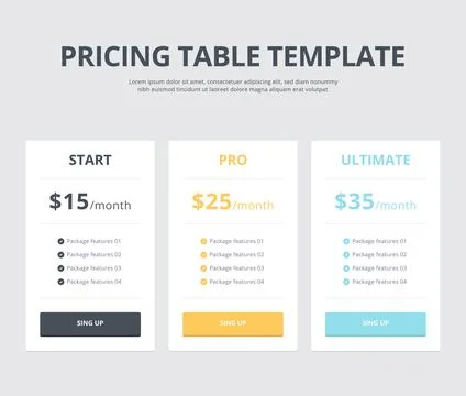 Pricing table template vector web element Stock Illustration