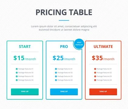 Pricing table template vector web element Stock Illustration