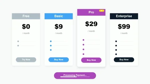 Pricing Table UI Design with Four Subscription Plans and Tiers Stock Footage 333185653