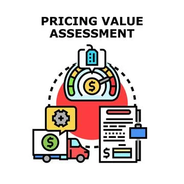 Pricing value assessment process determining product cost and worth Stock Illustration