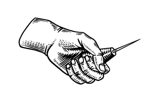 Pricker Awl in hand. Universal Tool or instrument for shoe repair. Vintage label Stock Illustration