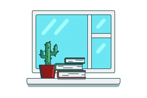 A prickly cactus in a pot and a stack of books on the windowsill near the w.. Illustrazione stock