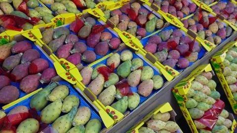 Prickly pears in boxes for sale. Stock Footage 255677613