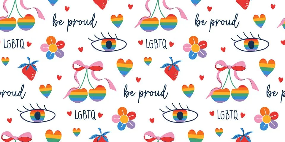 Pride celebration whimsical seamless pattern. LGBTQ community symbols. Stock Illustration