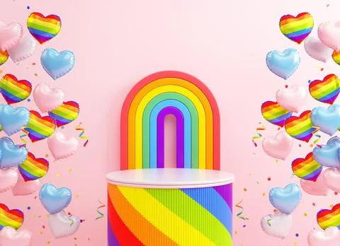 Pride Day banner background template with a podium platform, a rainbow and .. Illustration
