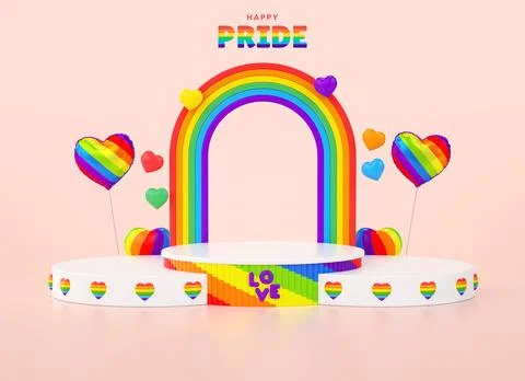 PRIDE Day stand background with hearts, balloons and big rainbow for produc.. Illustration