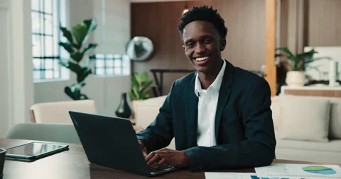 Pride, face or black man in office with laptop, finance consultant or confidence Stock Footage 346197637