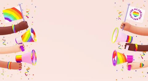 Pride festive banner background with multi ethnic hands, flags, megaphones .. Stock Photos