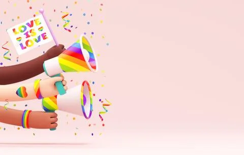 Pride festive flyer background with multi ethnic hands, flag, megaphones an.. Fotos de archivo