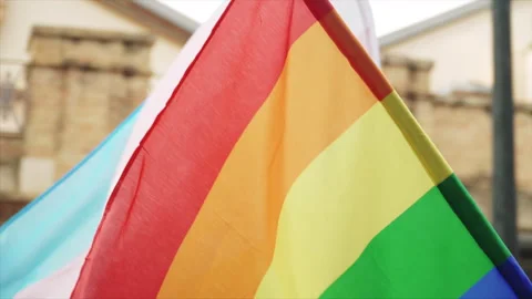 Pride flag and transgender flag in close up during movement at pride parade. Video stock 334378151