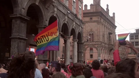 Pride Flag in a downtown Stock Footage 111458932