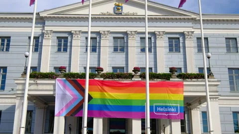 The Pride flag on the facade of Helsinki City Hall, Finland. Stock-Footage 139014352